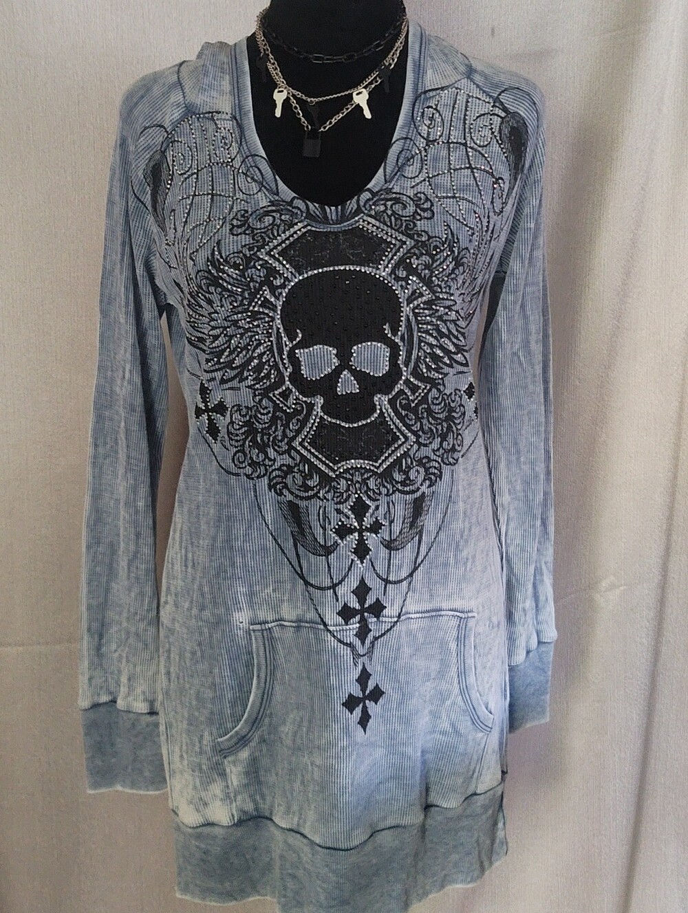 Embellished Skull Tunic Hoodie in Washed Light Blue